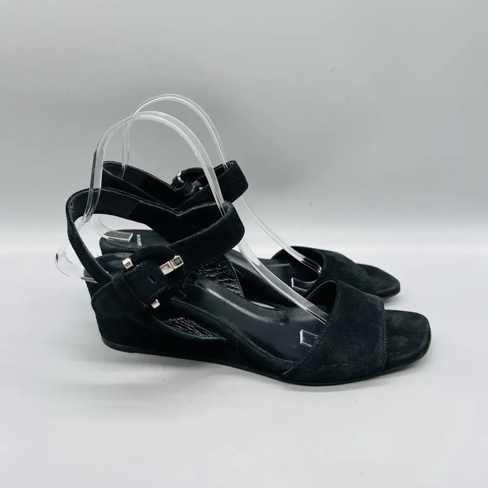 Aquatalia Sandals Womens Size 9.5 Black Suede Slingback Ankle Strap Wedge Shoes